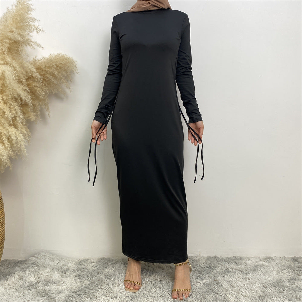 6736 Arabian solid color long-sleeved dress women's side drawstring bottoming shirt - MinYang Fashion Apparel Accessory Manufacturer