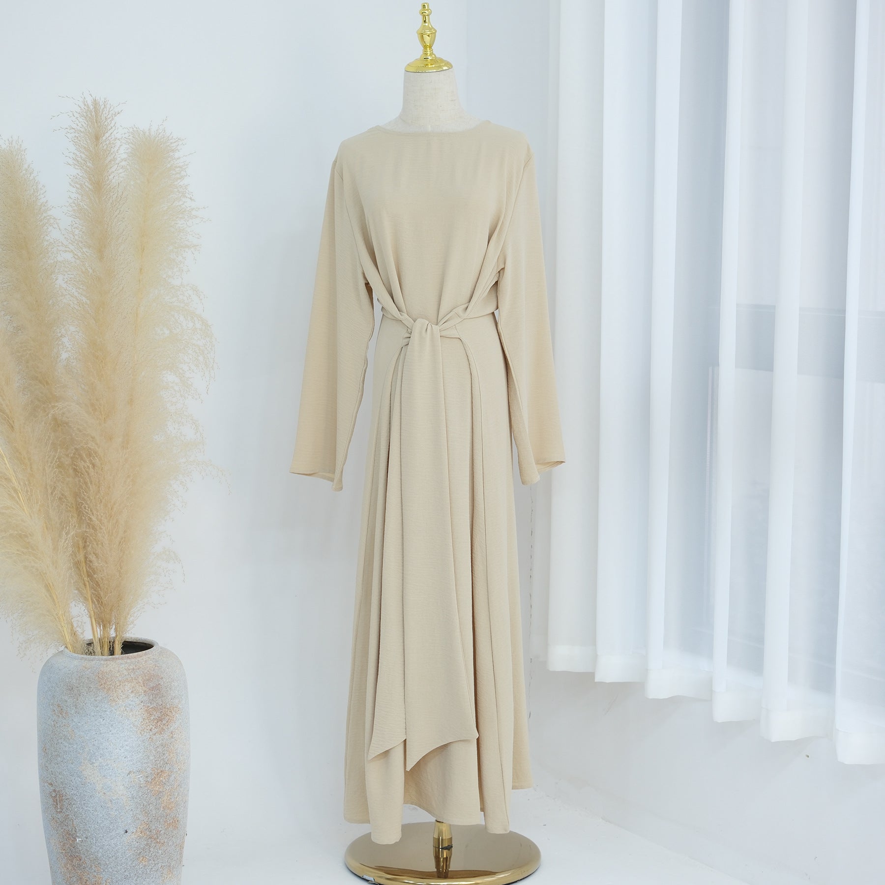 LR822  Plus Size Slimming Elegant Long Sleeve Viscose Dress with Waist Tie