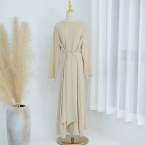 LR822  Plus Size Slimming Elegant Long Sleeve Viscose Dress with Waist Tie