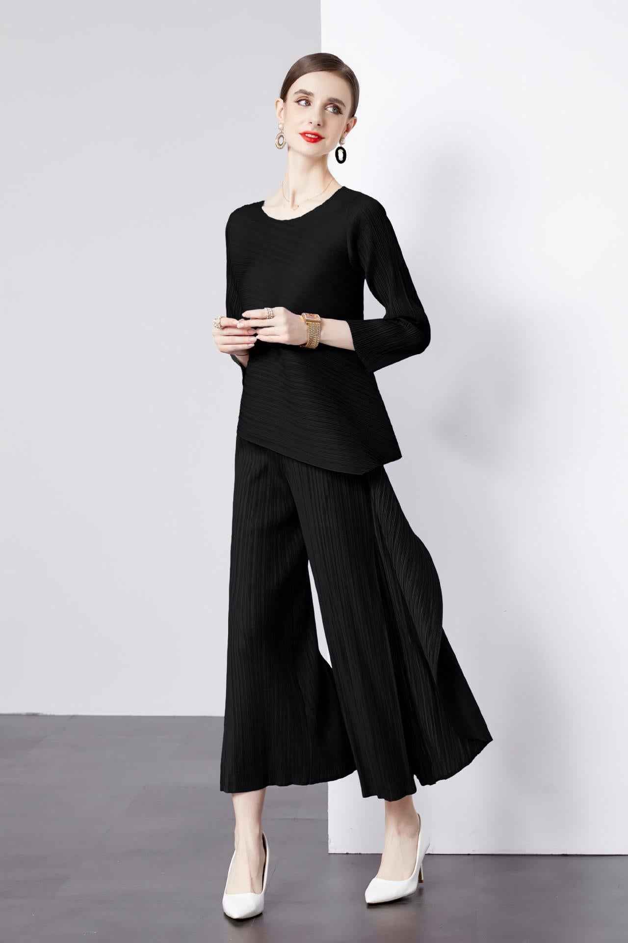 NRJ-610#19094 Pleated irregular trousers and nine-quarter sleeve bottoming shirt suit
