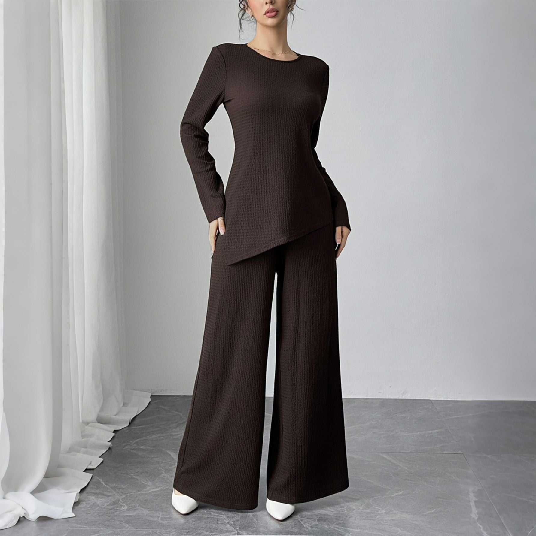 SY013  Elegant Casual Polyester Top + Wide-Leg Pants Set