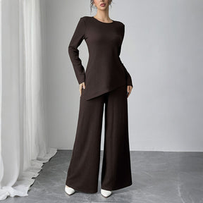 SY013  Elegant Casual Polyester Top + Wide-Leg Pants Set