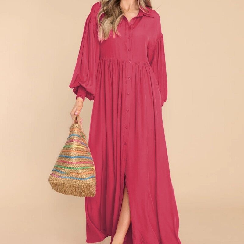 7826  Women's Casual Plain Button Lapel Pleated Long Sleeve Maxi Dress