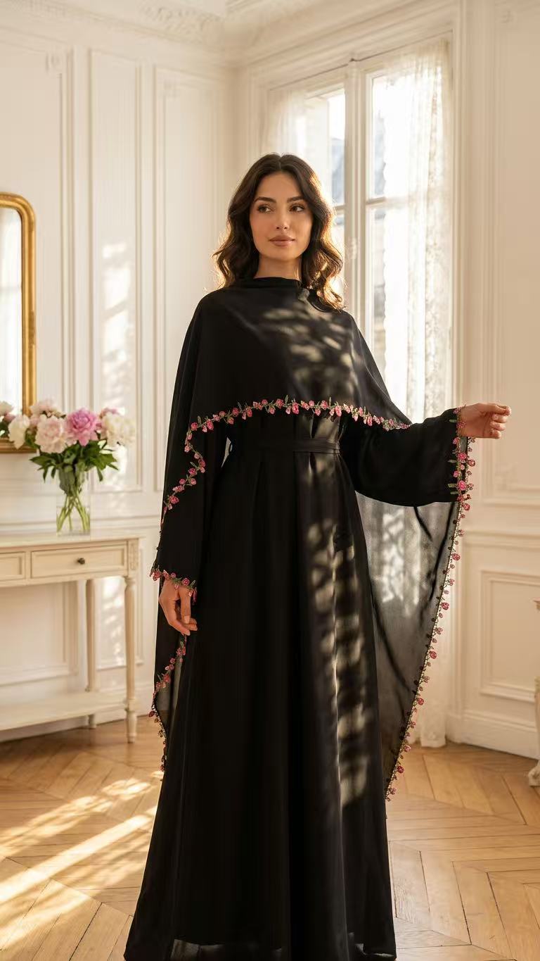 LR1355  Contrast Lace Trim Patchwork Dress and Hijab Two Piece Set
