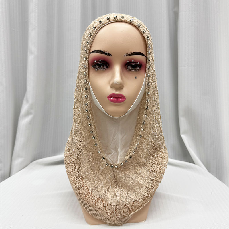 2133-895  Crystal-studded Shiny Thread Breathable Hollow-out Hijab Cap