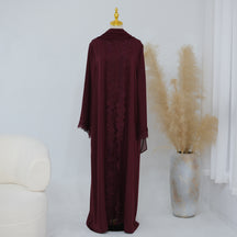 LR1191  Plain Nida Gold Foil Lace Open Abaya + Inner Layer + Hijab Set