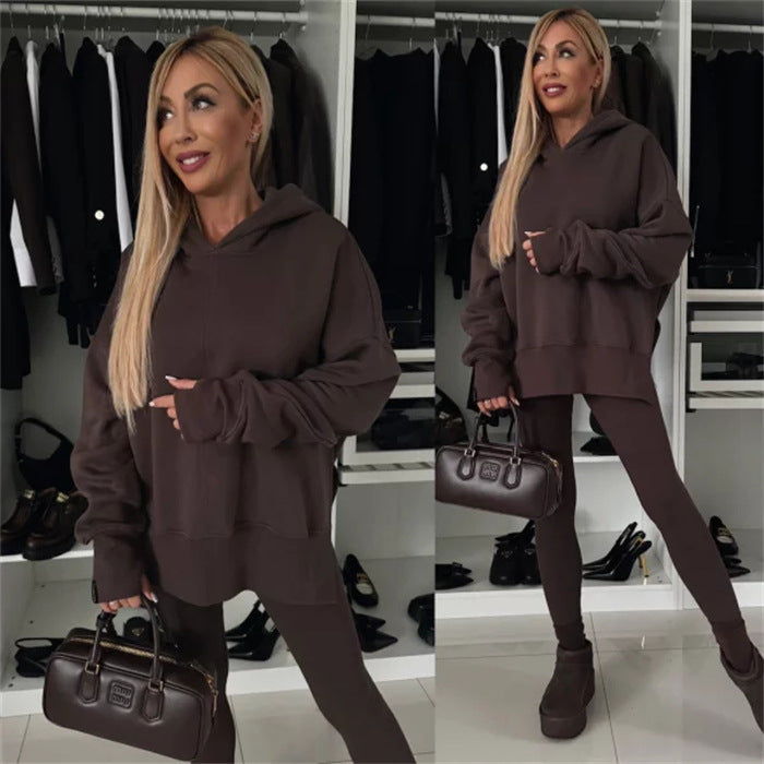 M80070  Women's Plain Printed Hooded Sweatsuit Autumn Winter Set