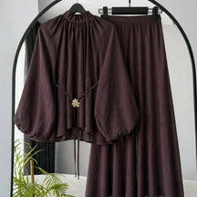 L6283  Puff Long Sleeve Tie Waist Slimming Top and Wide Leg Culotte Pants Two Piece Set