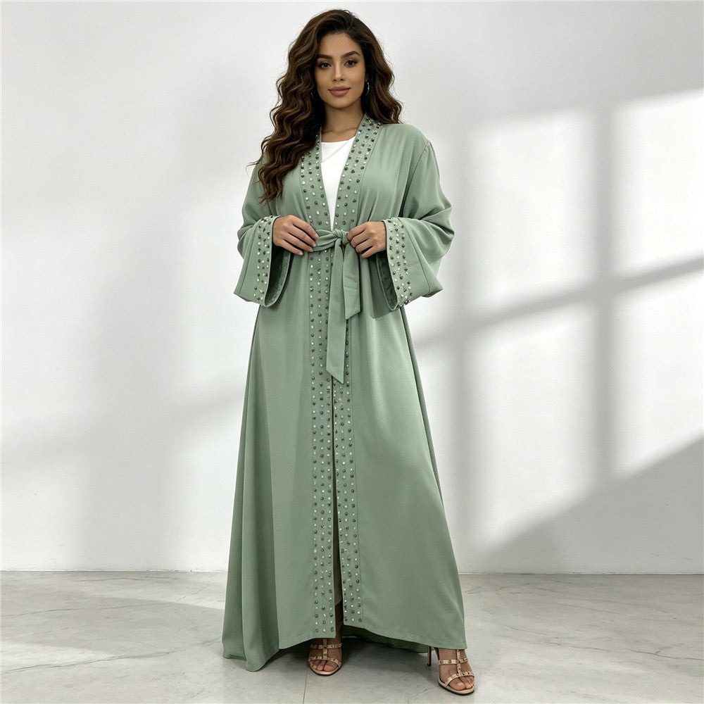 1838 vestido tipo cárdigan abaya musulmán con cuentas de uñas liso