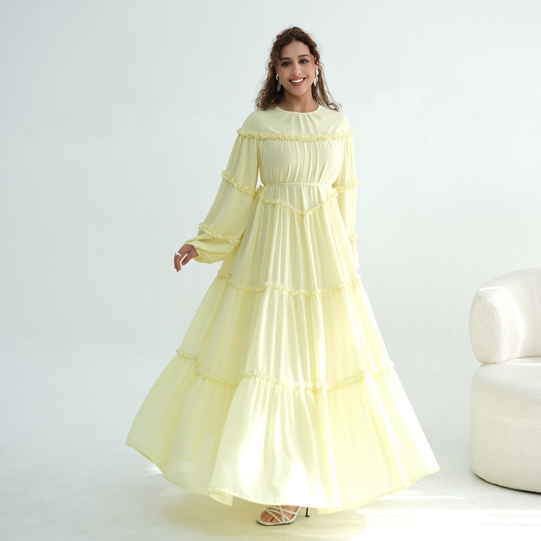 LR1161  Long Sleeve Tiered Ruffle Double Layer Dress