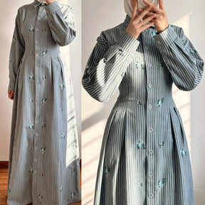 B2633  Striped Single-Breasted Long Sleeve Cinch Waist Shirt Dress Abaya