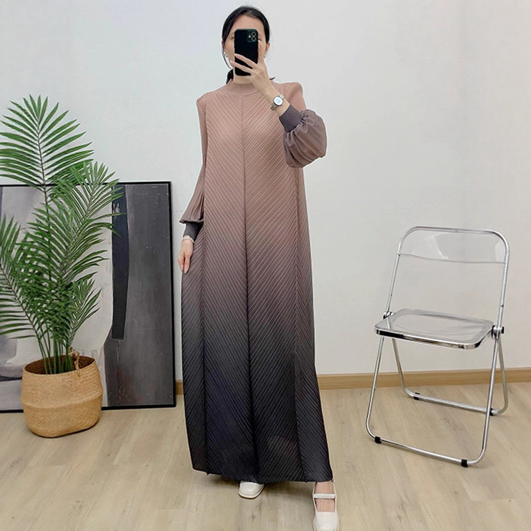1169240391  Ombre Polyester Crinkle Lantern Sleeve Long Dress