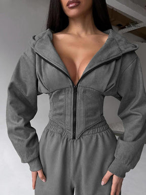 C56105  Autumn Winter Women Plain Drawstring Hooded Sweatsuit Abaya 2-Piece Set