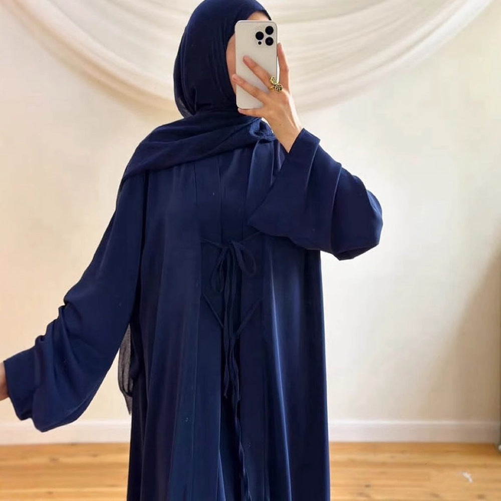 K113  Satin Tie-Front Open Abaya + Inner Dress Set - No Hijab