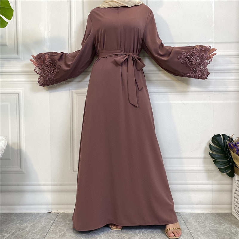 6659 Lace flower solid color muslim abaya dress