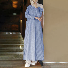 2020915  Women's Retro Stripe Cotton Linen A-Line Dress for Autumn