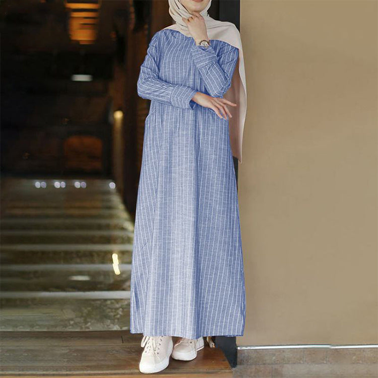 2020915  Women's Retro Stripe Cotton Linen A-Line Dress for Autumn