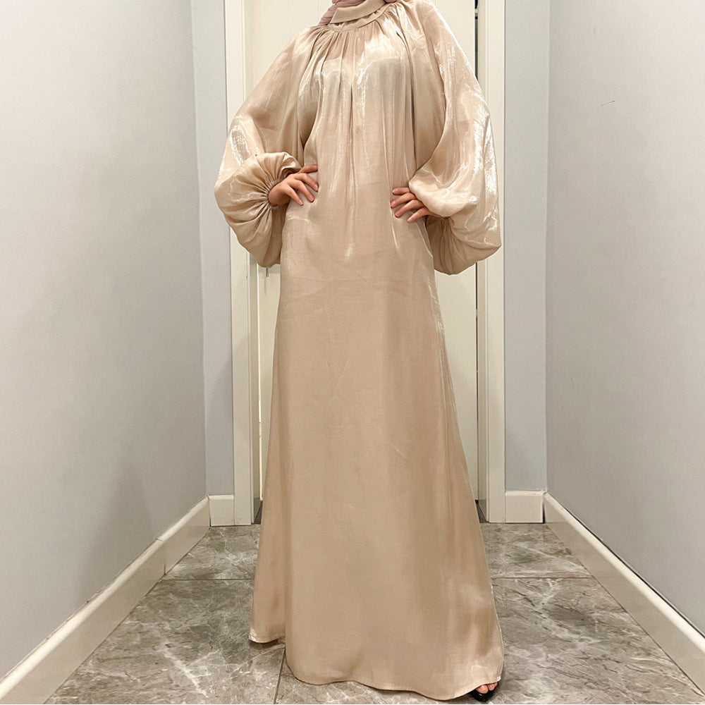 1342 Puff sleeve Bright silk muslim abaya dress