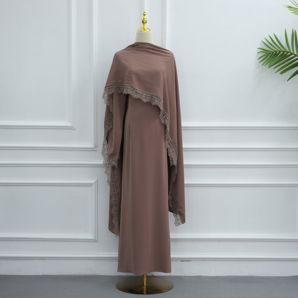 LR1363  Elegant Long Sleeve Nida Lace Dress with Hijab 2-Piece Set