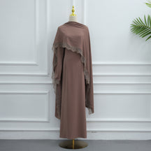 LR1363  Elegant Long Sleeve Nida Lace Dress with Hijab 2-Piece Set