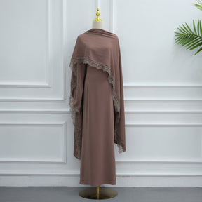 LR1363  Elegant Long Sleeve Nida Lace Dress with Hijab 2-Piece Set