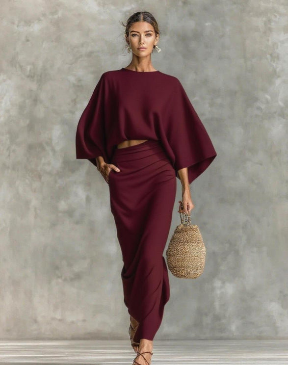 TJ7022  Autumn Crewneck Long Sleeve Top & High Waist Maxi Skirt Abaya Set