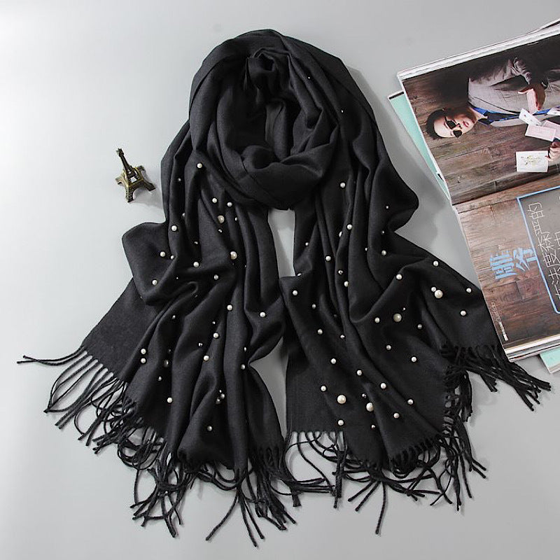 BR001  Plain Faux Cashmere Beaded Scarf