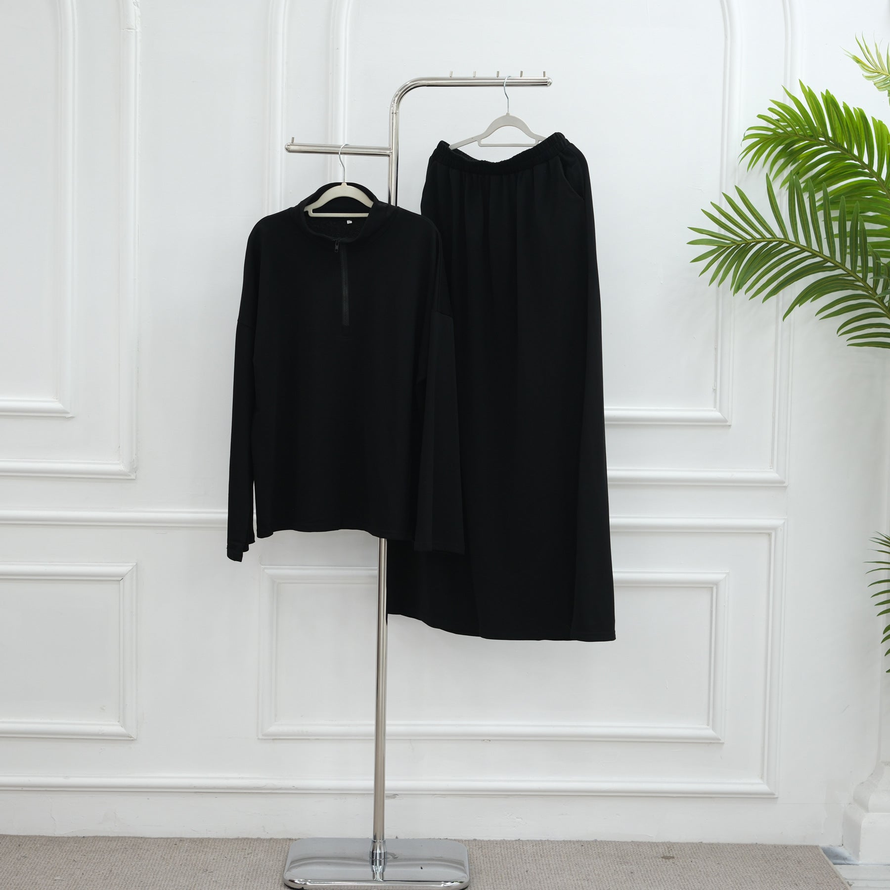 LR1127  Casual Loose Zipper Collar Top and Skirt 2-Piece Set