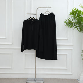 LR1127  Casual Loose Zipper Collar Top and Skirt 2-Piece Set