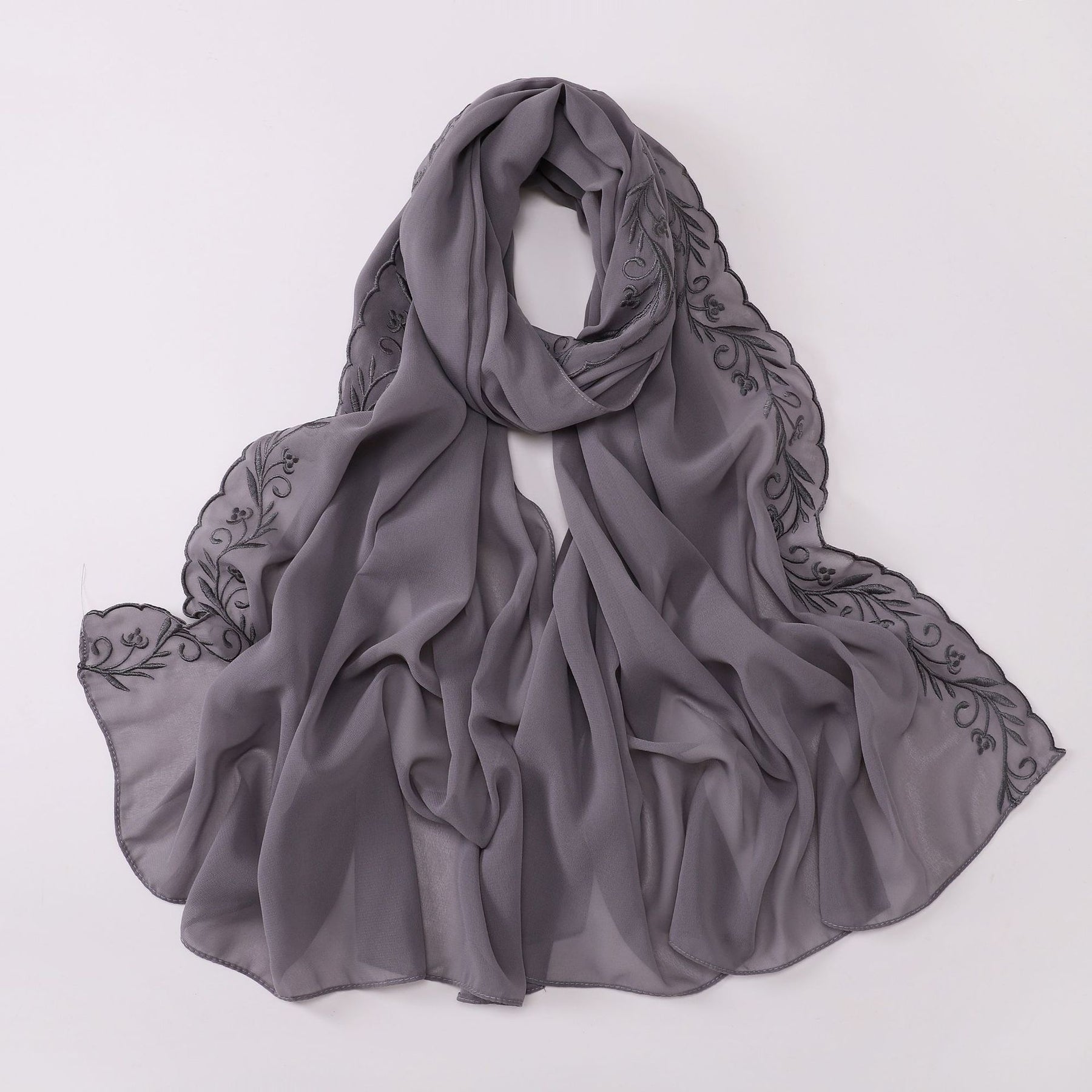 W-0512  Pearl Chiffon Long Hijab with One Side Embroidery