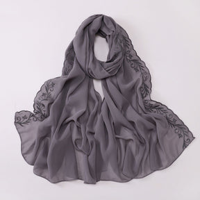 W-0512  Pearl Chiffon Long Hijab with One Side Embroidery