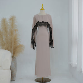 LR1323  Viscose Lace Panel Dress with Shawl