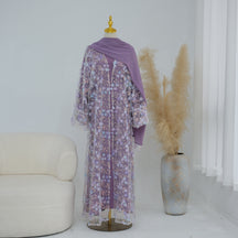 LR1189  3D Floral Open Abaya + Nida Inner Layer + Hijab Set