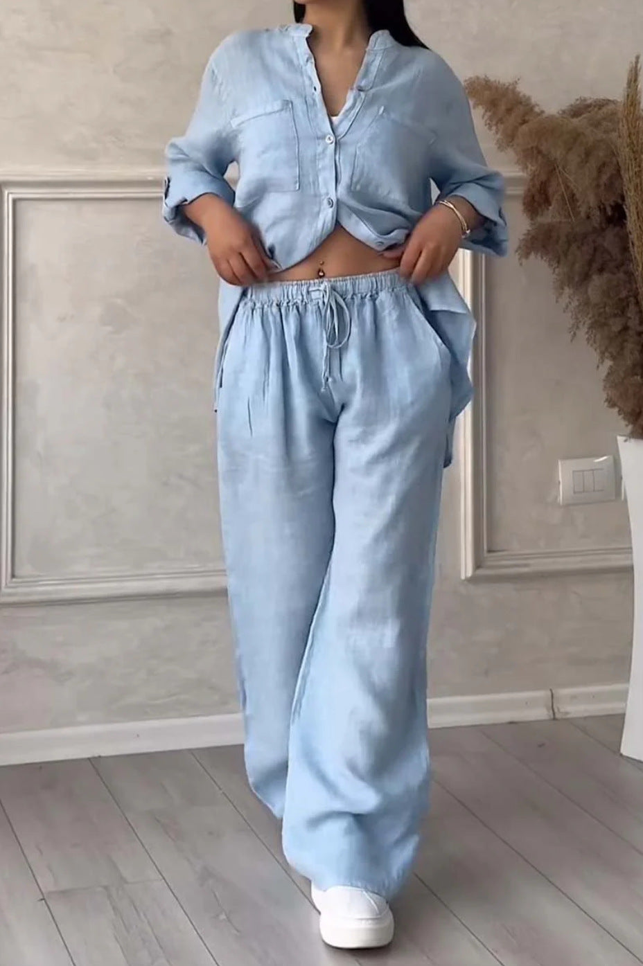 6670  Women's Plain Single-Breasted Long Sleeve Shirt & Tie Waist Pants Set