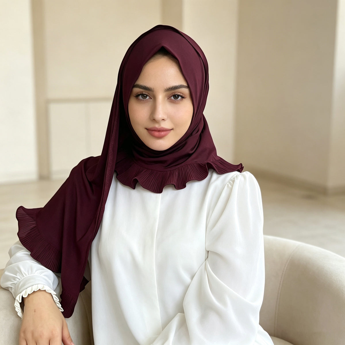 TD51-040  Plain Chiffon Pull-On Single-Layer Ruffle Hijab
