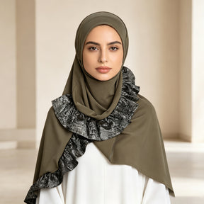 TD68-062  Plain Crystal Linen One-Piece Hijab, Silver Foil Ruffles