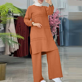 L8052  Muslim women's two-piece sportswear double bars elegant solid color long-sleeved shirt wide-leg pants suit abaya