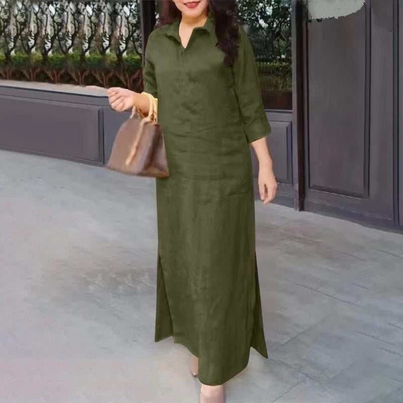 S010 Spring Autumn Plain Lapel Long Sleeve Loose Long Dress Abaya