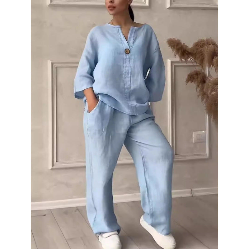 8605  Women's Comfortable Loose Top & Wide-Leg Pants Cotton Linen Set