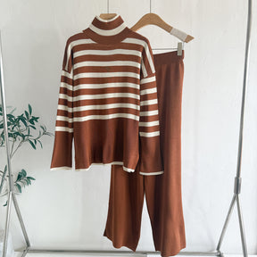 Striped Jersey Loose High Neck Sweater 2-Piece Set