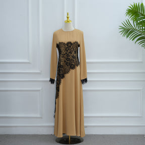 LR1174  Plus size lace panel long sleeve waist-cinching dress