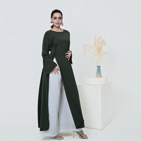 LR1102  Plus Size Long Sleeve Tie Waist Long Top with Back Zipper