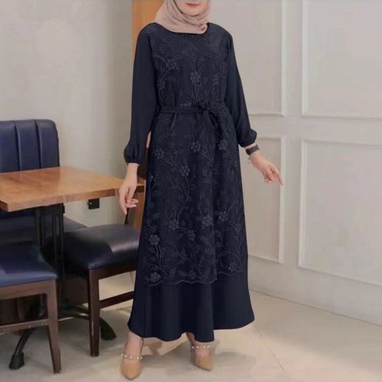 9902 lace Solid color muslim abaya long dress