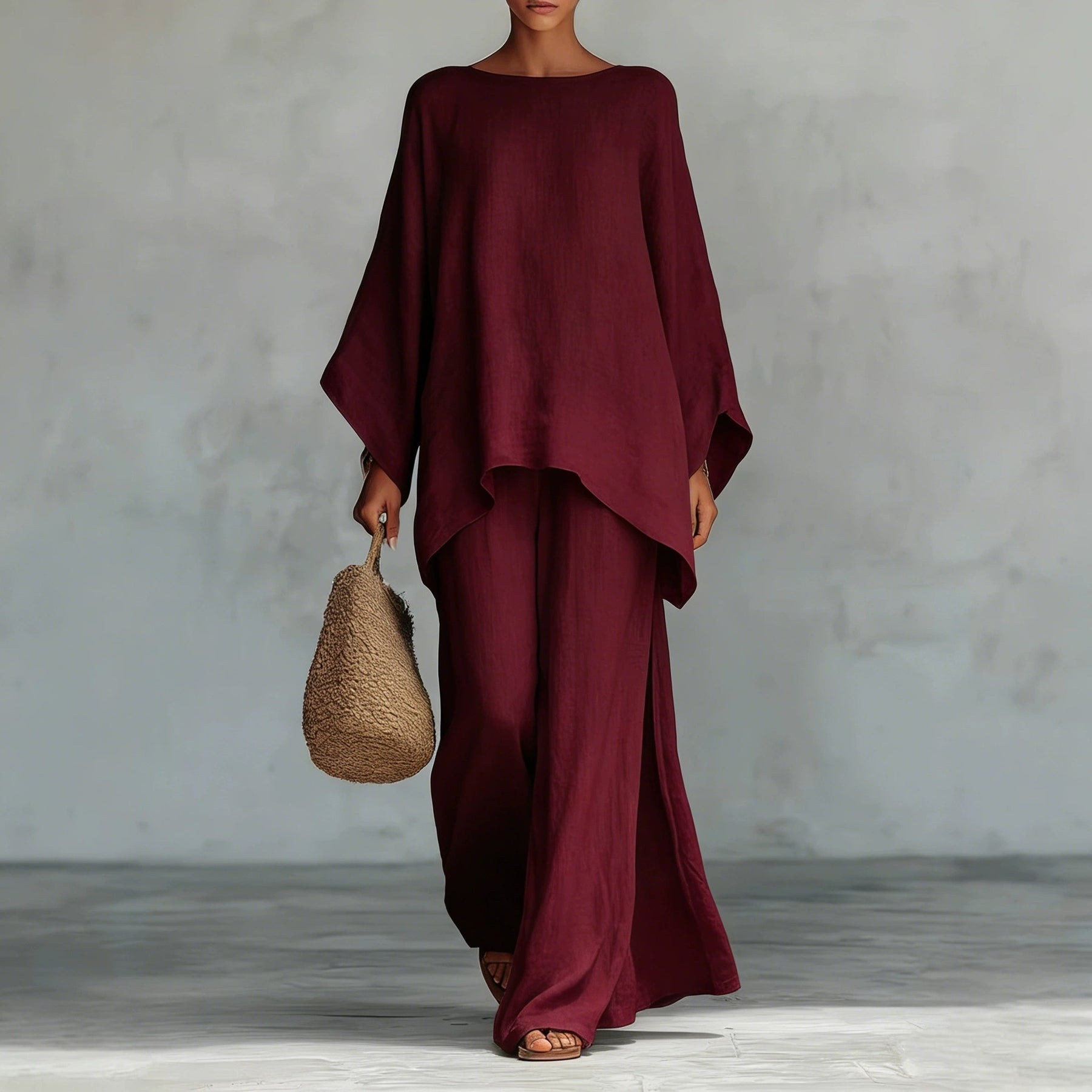 GS-30910  Women Simple Loose Linen Blend Shirt Wide Leg Pants Set