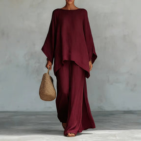 GS-30910  Women Simple Loose Linen Blend Shirt Wide Leg Pants Set