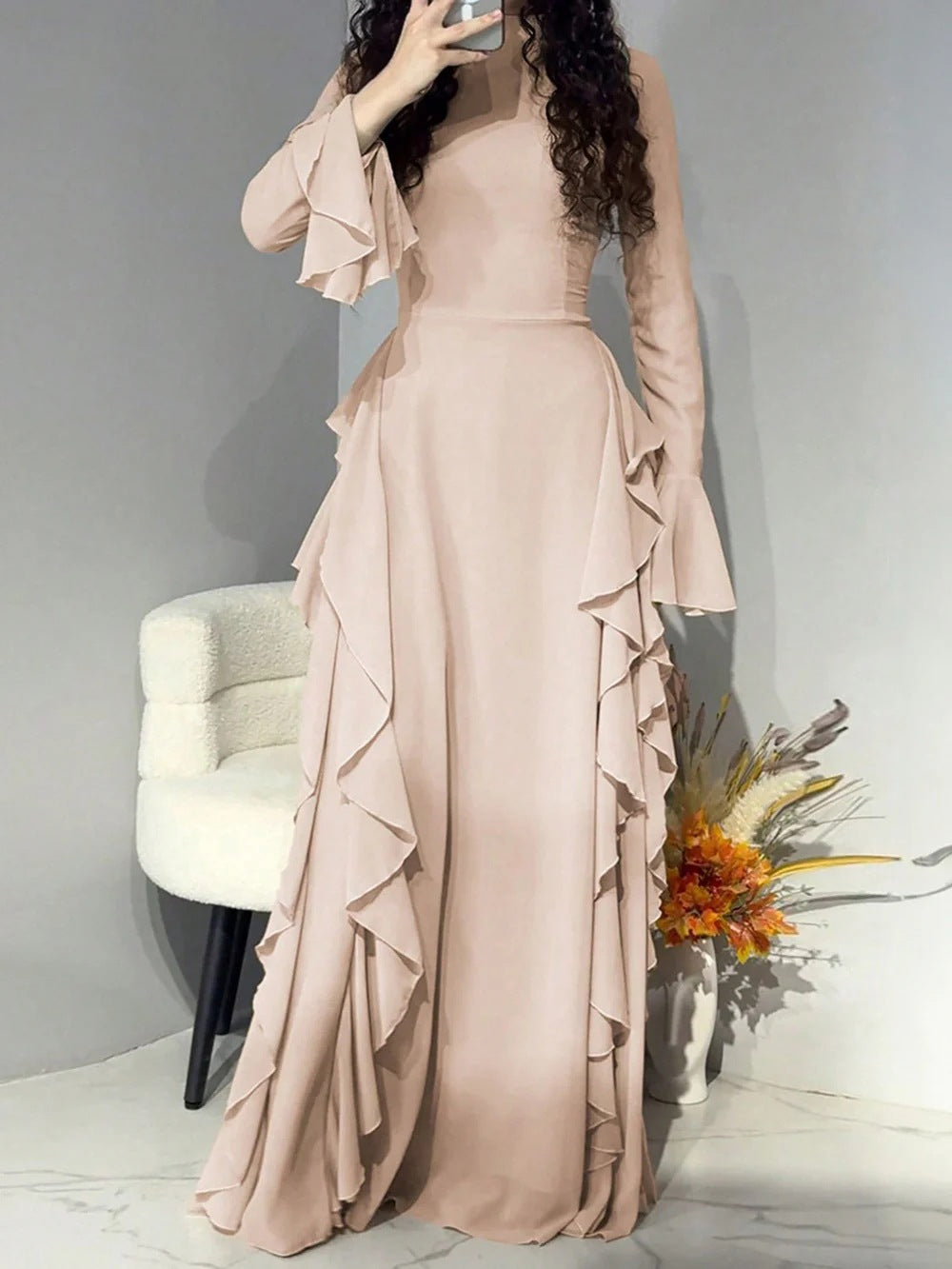 6256  Elegant Plain High-Waist Flare Sleeve Long Dress