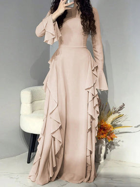 6256  Elegant Plain High-Waist Flare Sleeve Long Dress