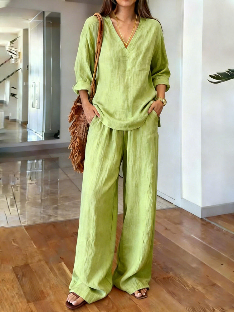 CB003  Elegant V-Neck Long Sleeve Top & Pants Abaya 2-Piece Set