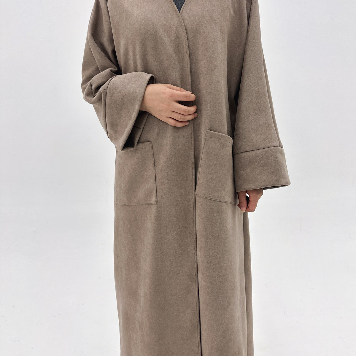 LR891  Fall & Winter Suede Fabric Open Abaya — Open Abaya Only