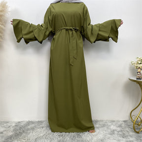 9073 plain Multi-layer stack sleeves abaya dress